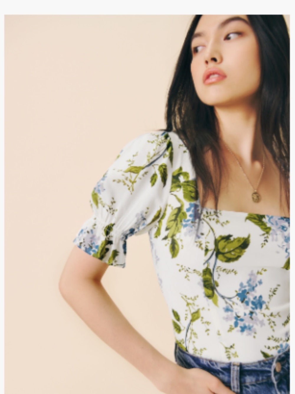 NWT Reformation Constance Top in Riviera Square-Neck Puff Sleeve